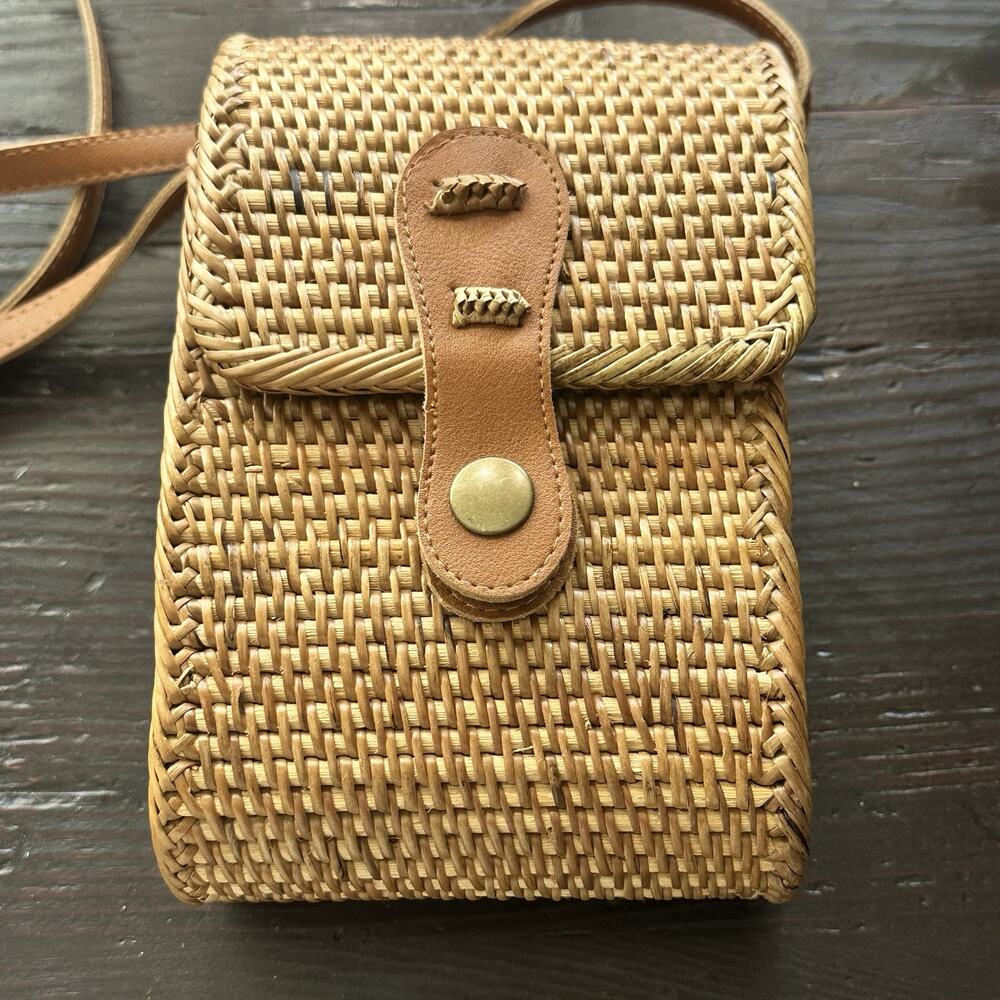 Rattan Crossbody Handbag S Brown Snap Flap Rectangle Lined Faux Leather Strap - Picture 3 of 16